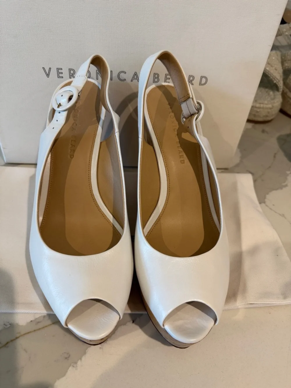 Veronica Beard White Leather Cork Wedge Slingback Peep Toe 10